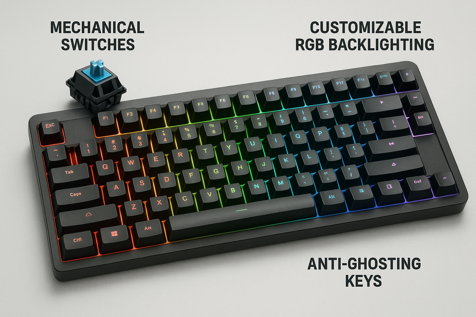 تصویر ویژگی‌های کلیدی بهترین کیبوردهای گیمینگ شامل سوئیچ‌های مکانیکی و نورپردازی RGB