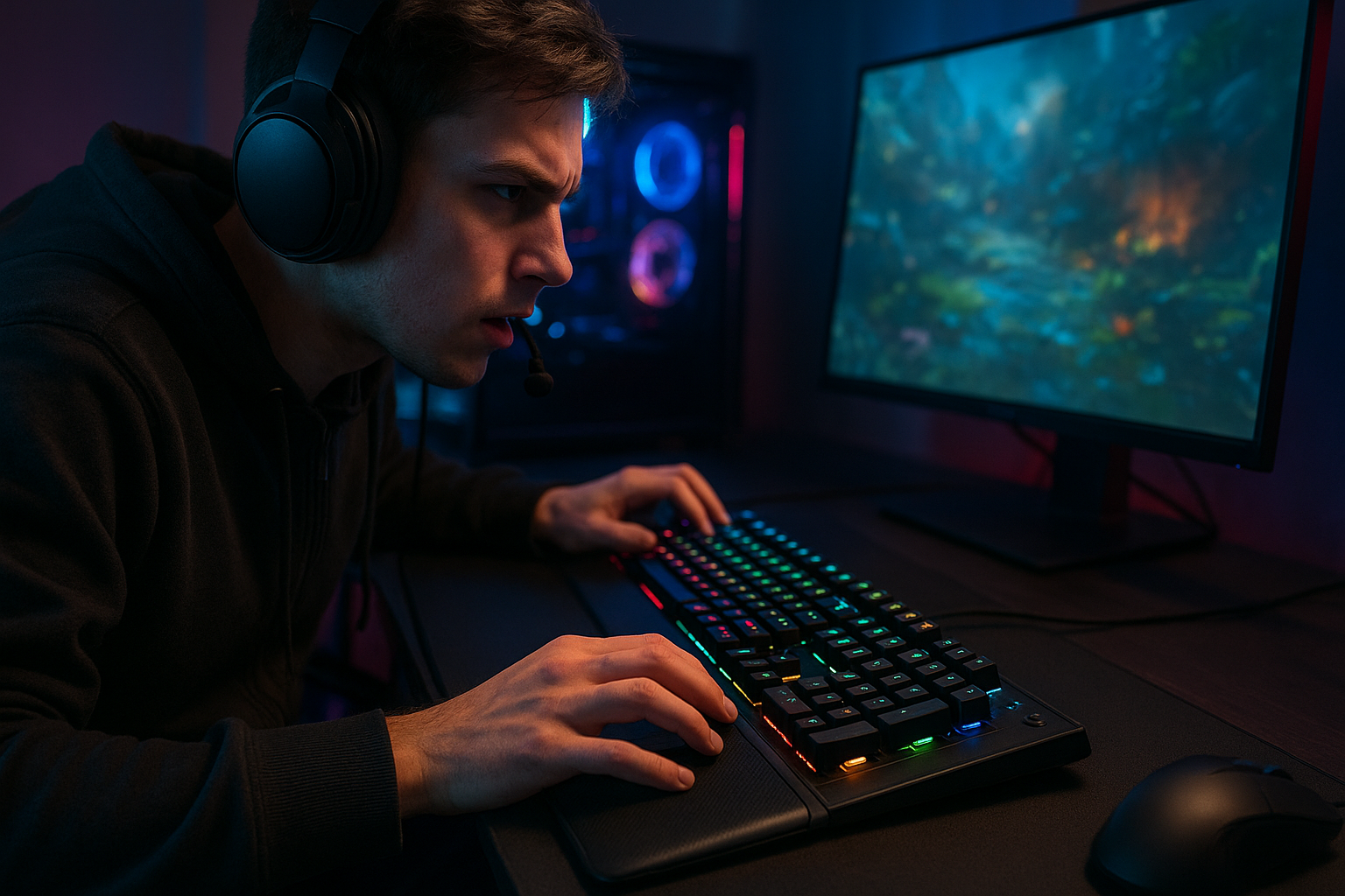تصویر گیمر در حال استفاده از بهترین کیبورد گیمینگ با تمرکز بر دوام و عملکرد