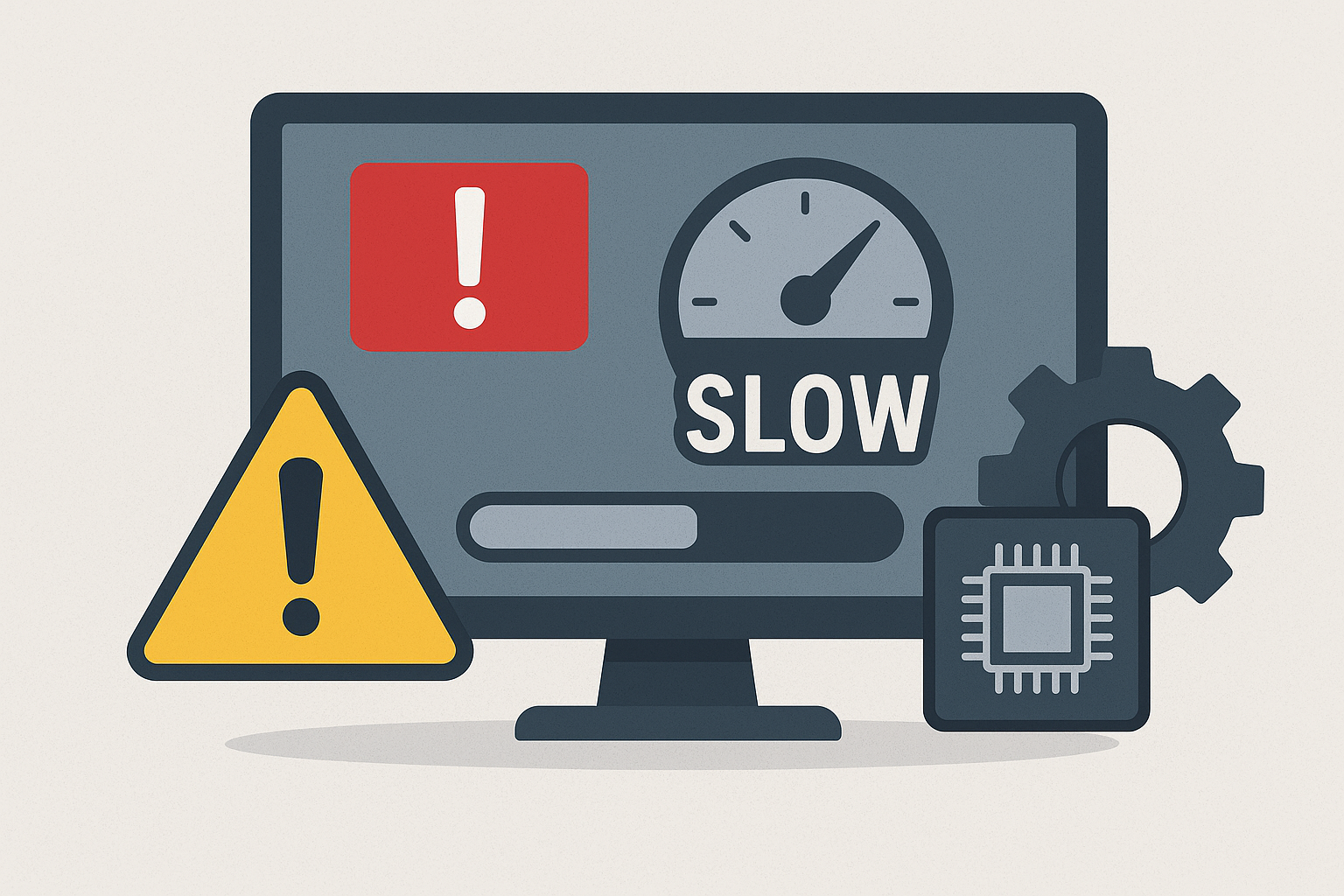 تصویر علائم نیاز به ارتقاء قطعات سیستم، نشان‌دهنده کندی و مشکلات رایانه‌ای