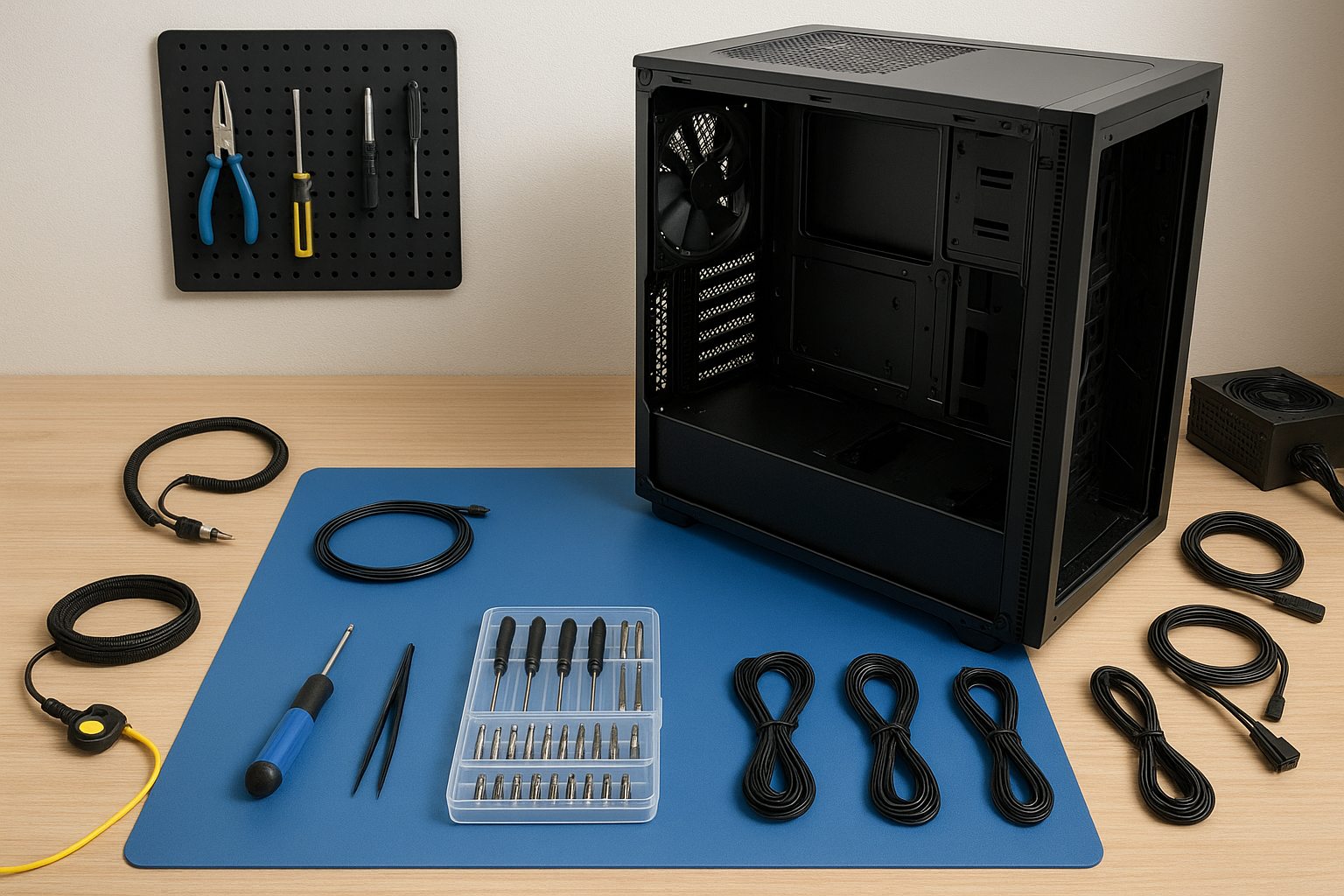 تصویر آمادگی قبل از نصب قطعات داخل کیس با ابزارهای ایمنی