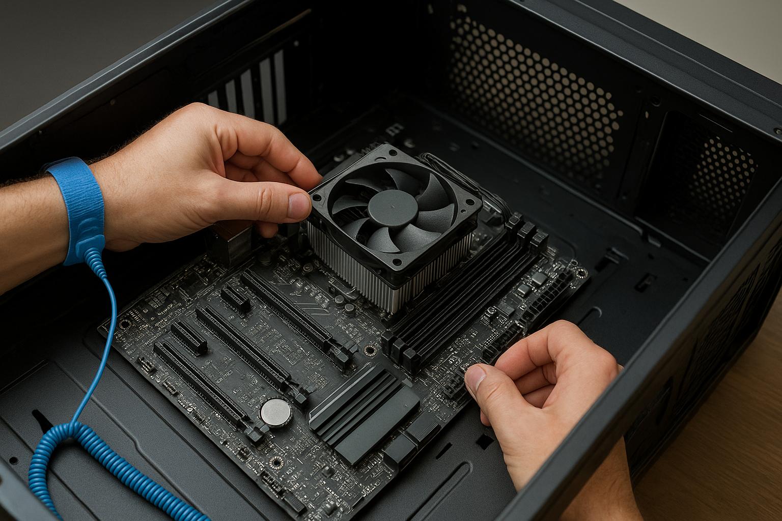 تصویر مراحل نصب ایمن قطعات داخل کیس با تمرکز بر ایمنی