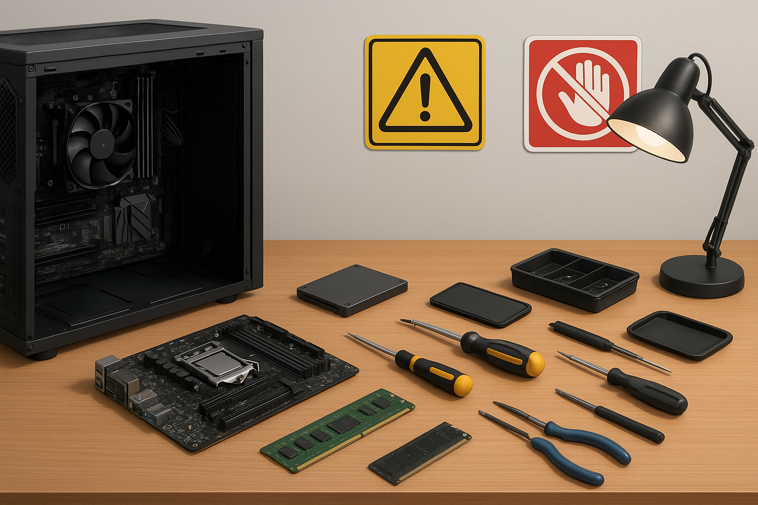 تصویر آماده‌سازی محیط و ابزار برای امنیت نصب قطعات کامپیوتر