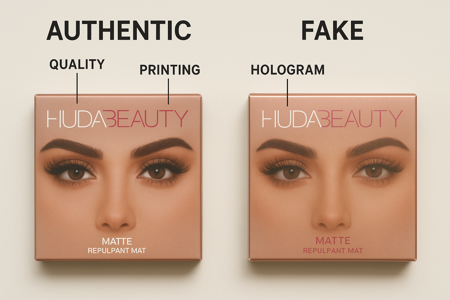 Authentic vs fake Huda Beauty packaging