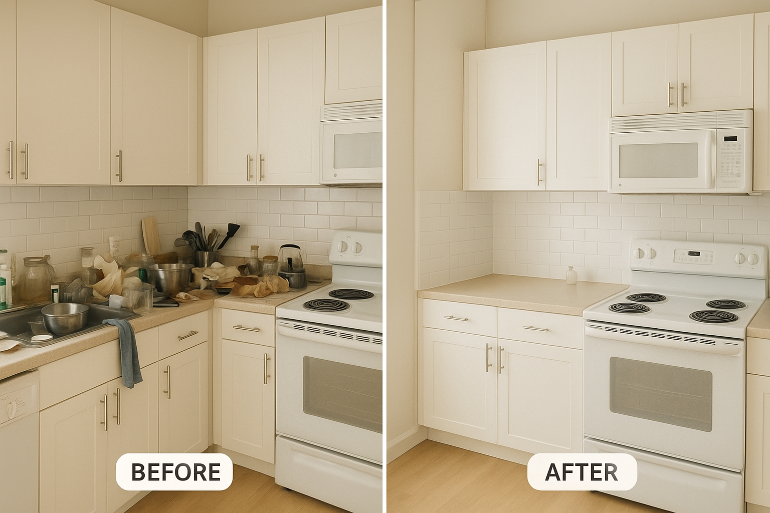 مینیمالیسم در خانه یعنی چه؟ ۱۰ قدم واقعی برای شروع 1 Kitchen decluttering before and after