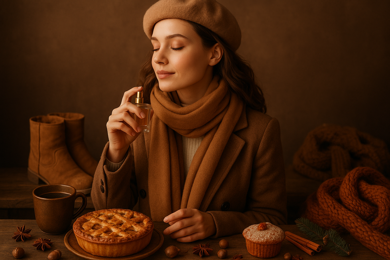 Stylish person with winter outfit and edible perfume