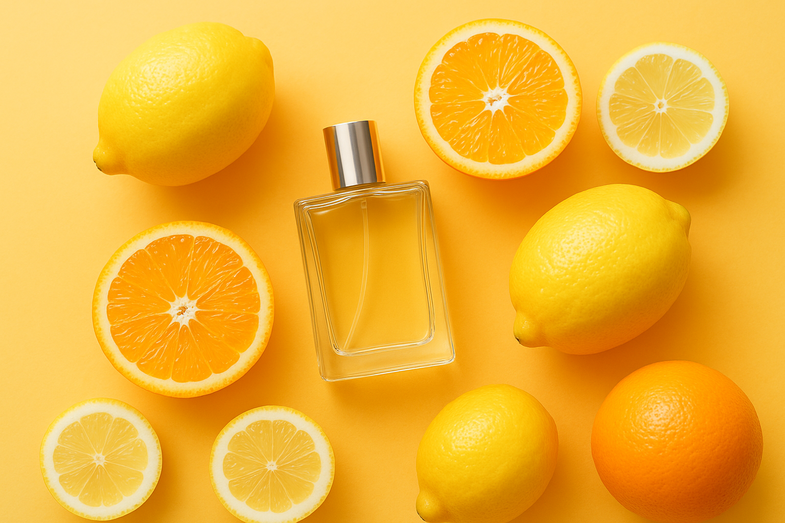 Fresh citrus fruits and perfume bottle symbolizing joyful scents