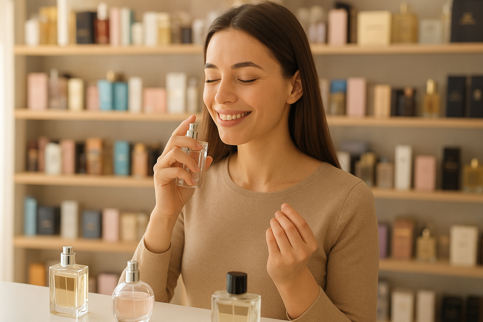 Person selecting mood-boosting perfume in store