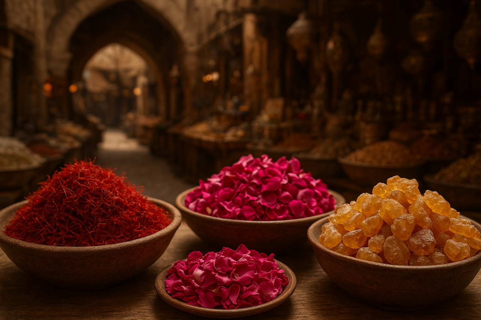 Traditional Middle Eastern scents like saffron and rose in an ancient bazaar