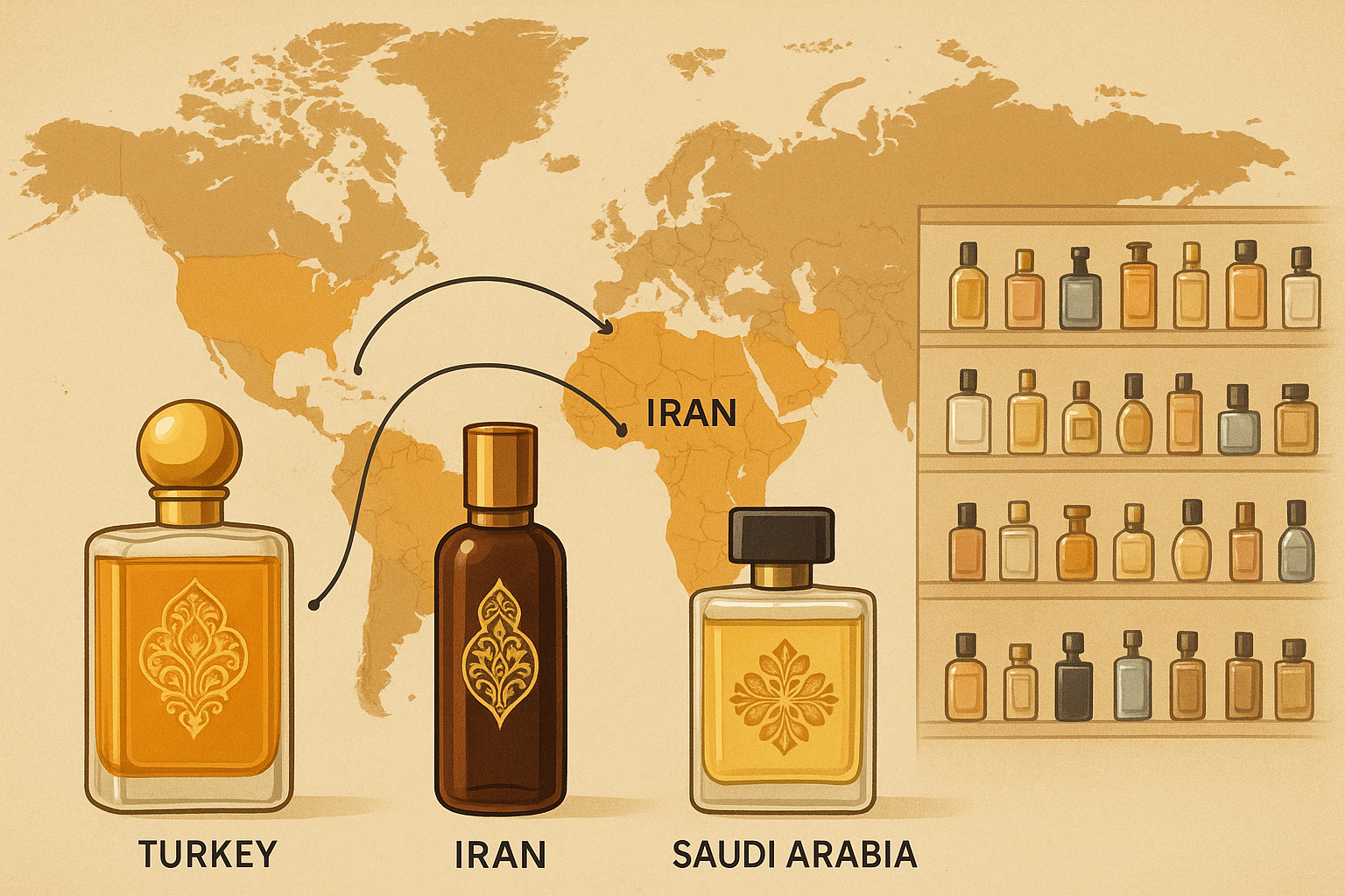 Map connecting Middle East to global perfume brands