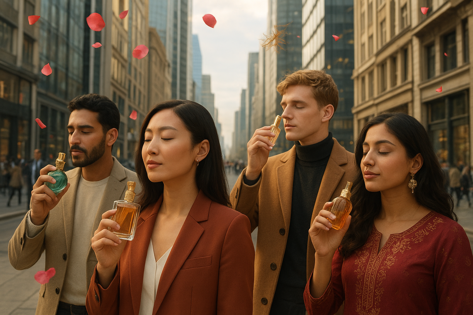 Modern urban people blending traditional scents with stylish outfits
