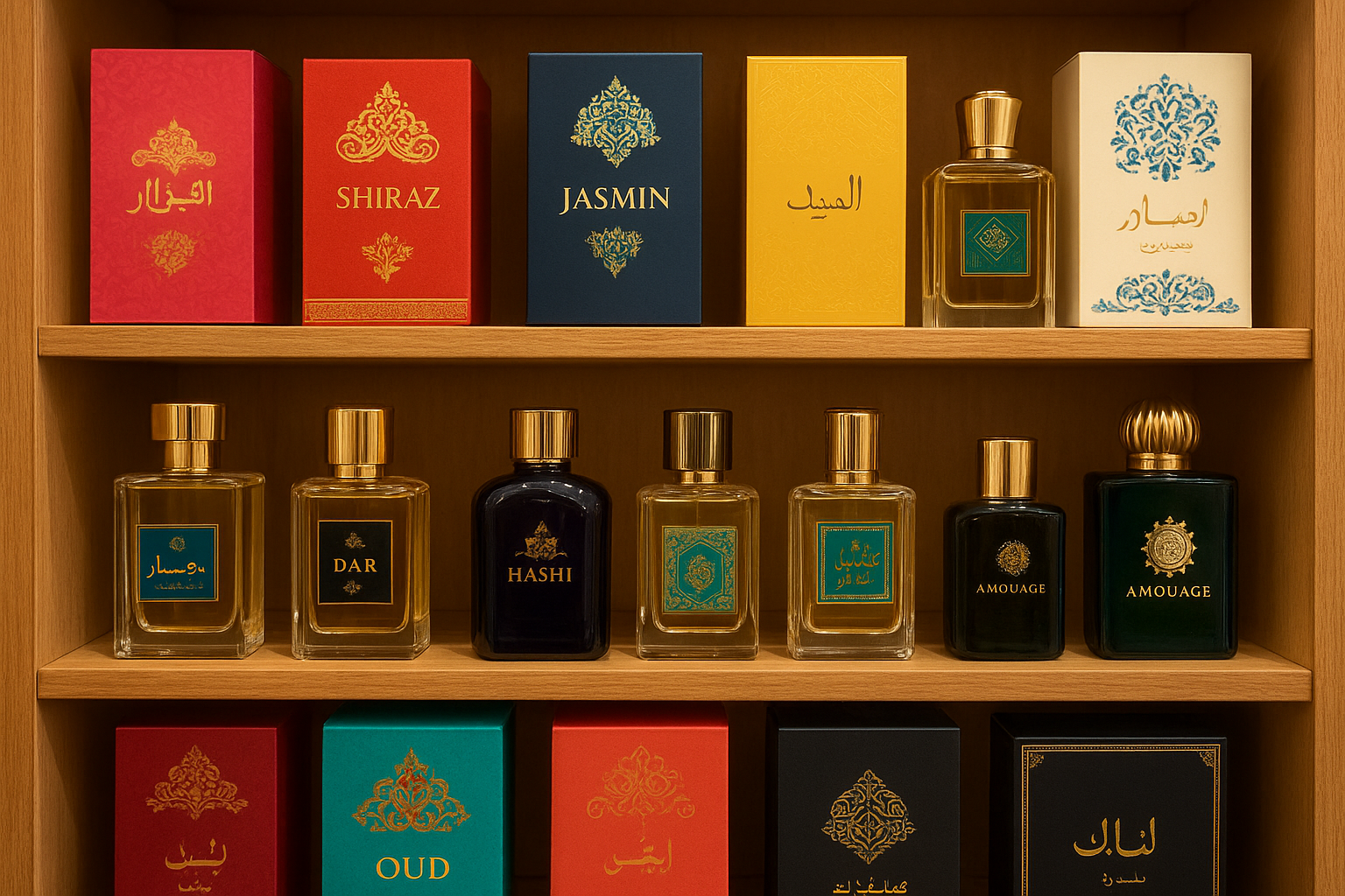 Perfume shelves with Middle Eastern inspired bottles including Iranian brands