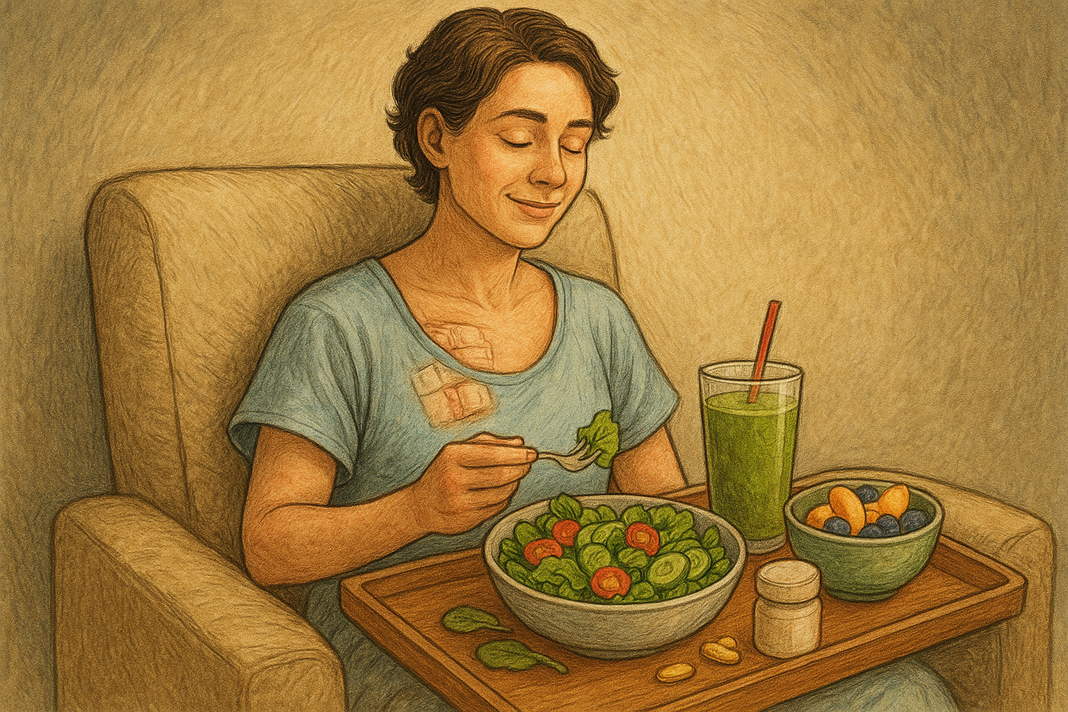 بعد از جراحی زیبایی چی بخوریم؟ راهنمای «تغذیه هوشمند» برای ترمیم سریعتر 1 Recovering person with balanced meal